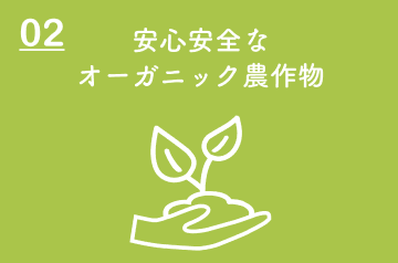 02.安心安全なオーガミック農作物　手のひらの上に土と植物の芽を乗せているイラスト
