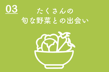 03.たくさんの旬な野菜との出会い　ボウルに入った種類豊富な野菜のイラスト